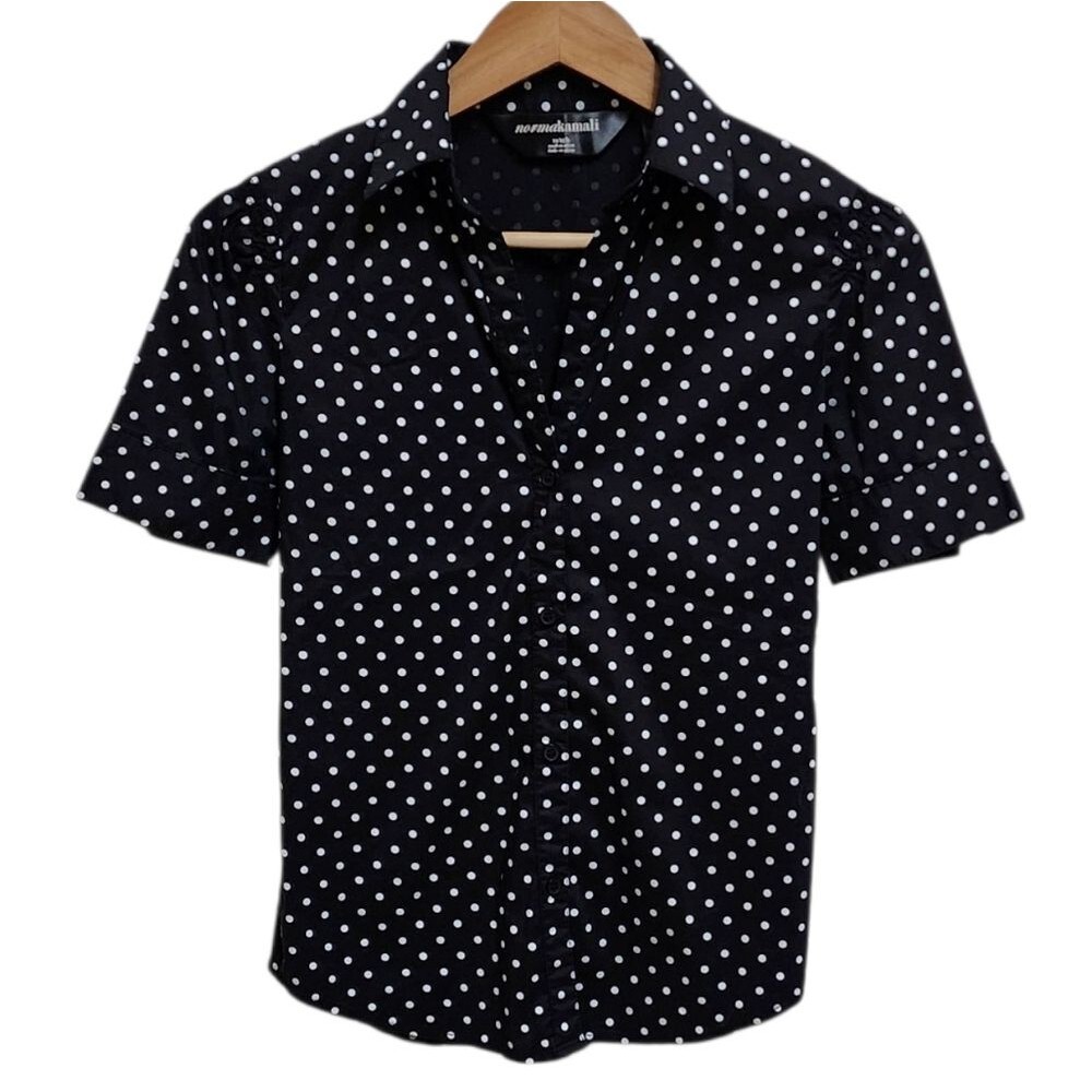 Norma Kamali Top Womens XS Black White Polka Dot Button V Neck Short Slv Casual